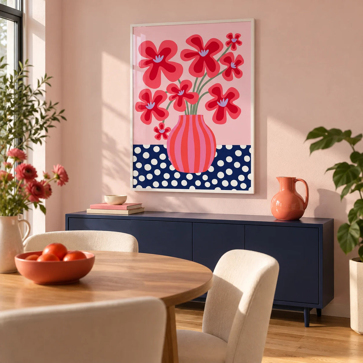 Colorful Flower Poster, framed on the wall of a playful modern dining room in a terraced home with a pale blush wall and oak floor