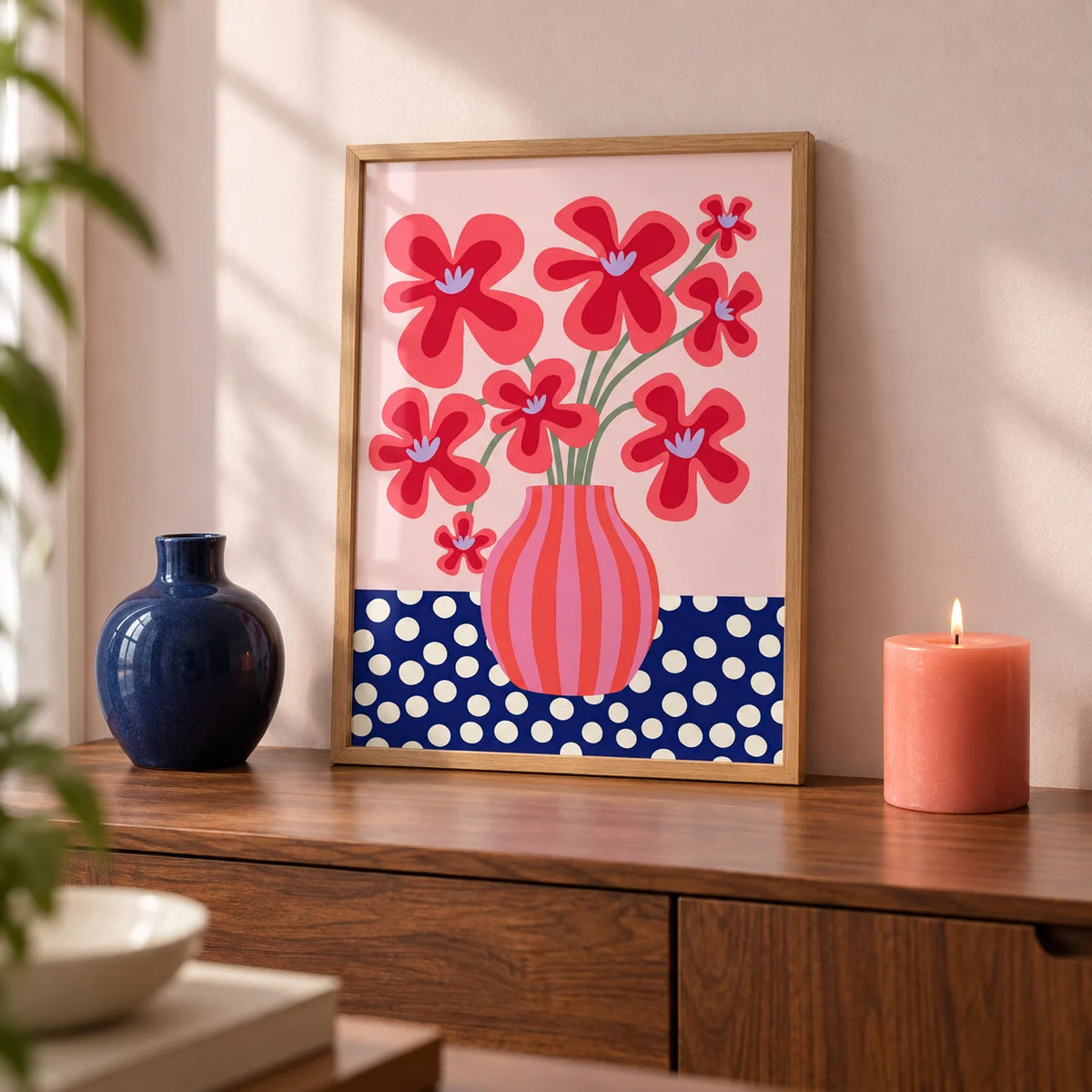 Colorful Flower Poster, a small A4 framed print leaning on a walnut sideboard in a living room