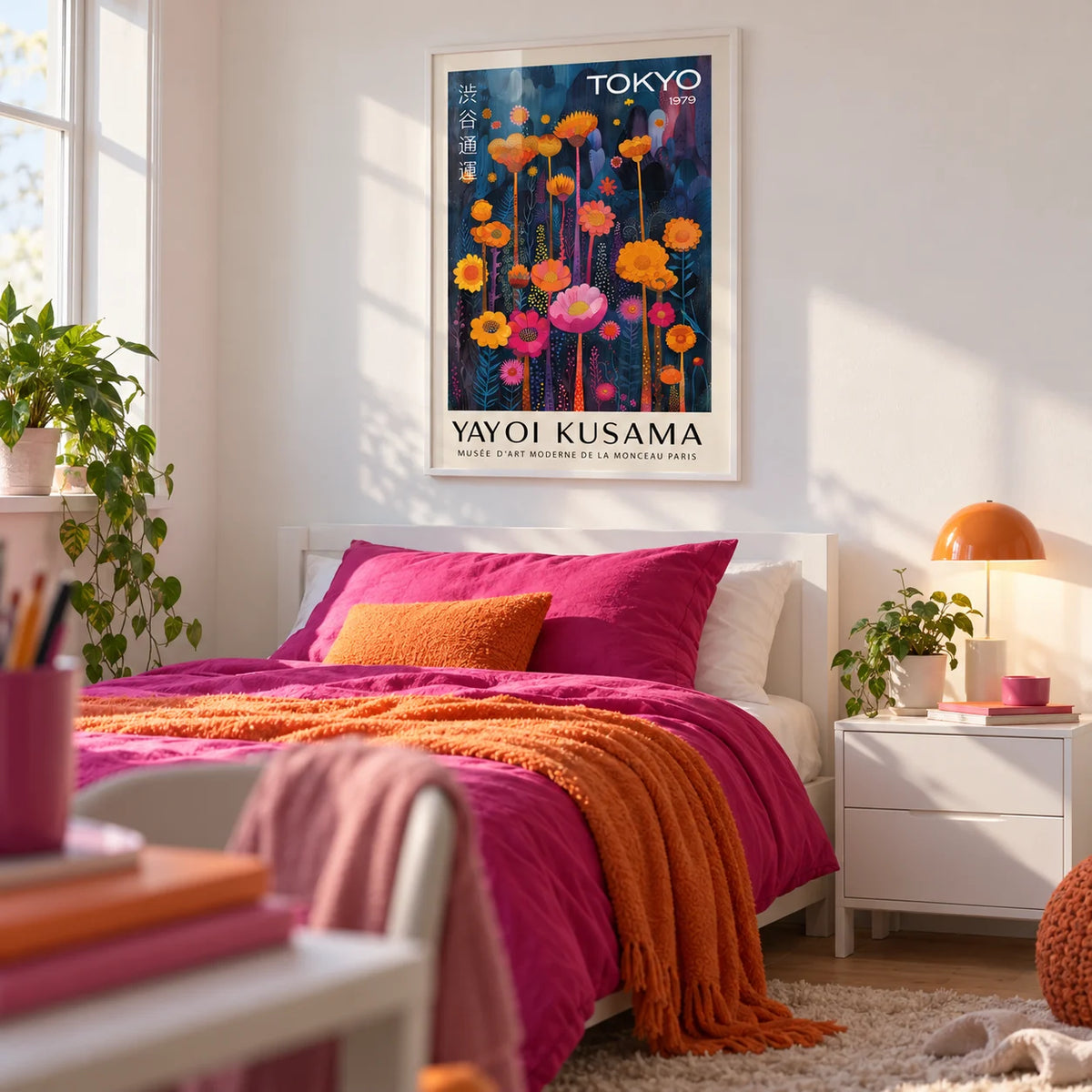 Colorful Flower Wall Art, framed on the wall of a bright teen girl's bedroom (13-17) with a white wall