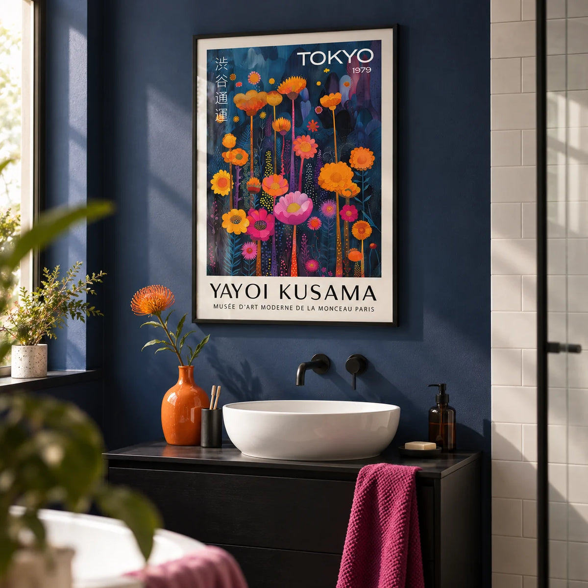 Colorful Flower Wall Art, framed on the wall of a modern bathroom with an indigo painted wall and plain white tiles