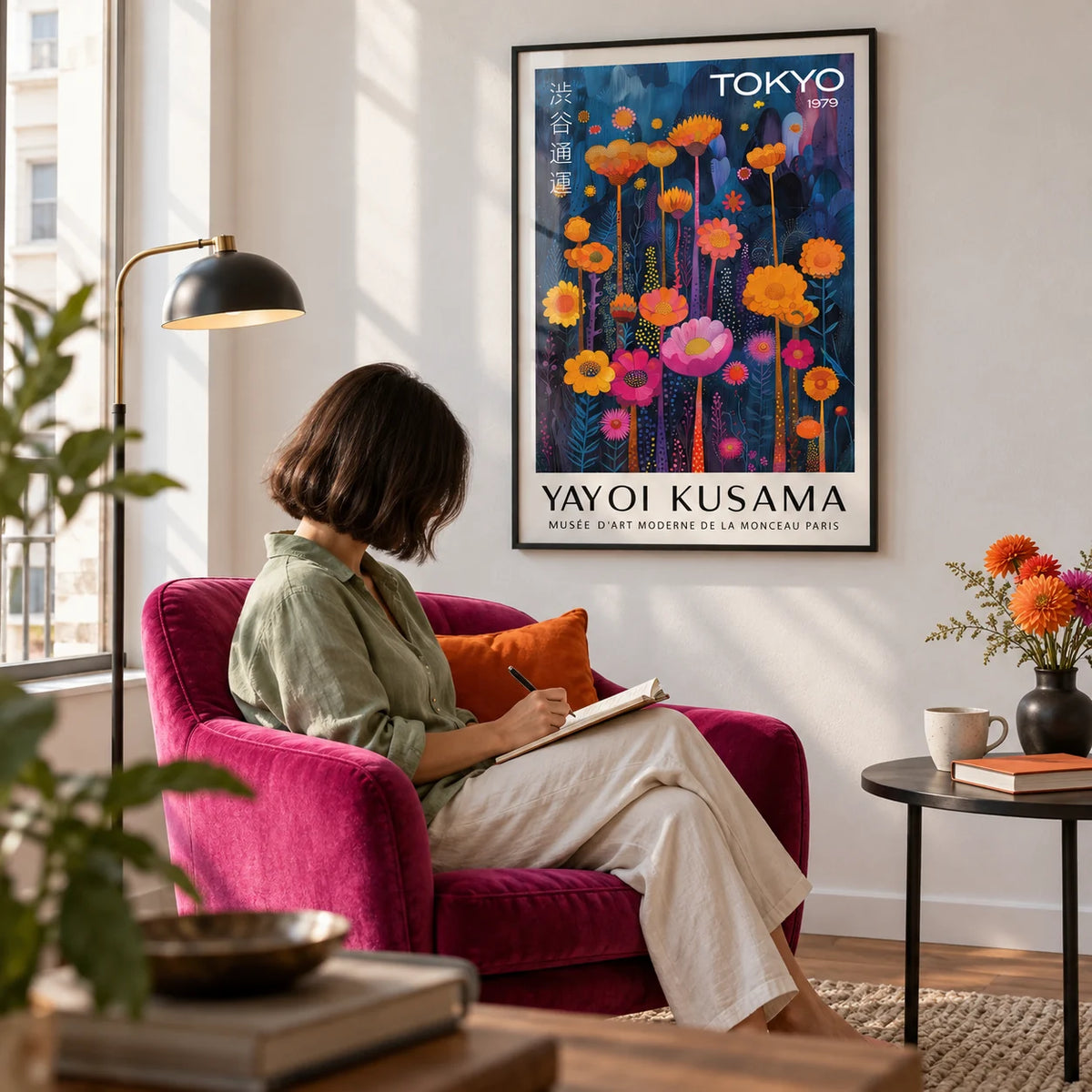 Colorful Flower Wall Art, framed on the wall of a reading corner in a city flat with a white wall in a living room