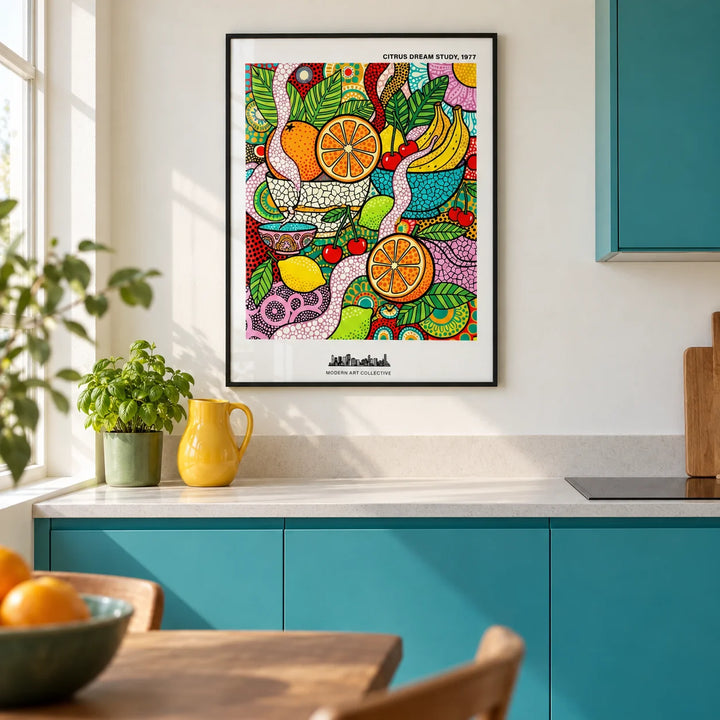 Colorful Fruit Art Print, framed on the wall of a bright modern kitchen in a UK city flat with flat-front turquoise cabinets