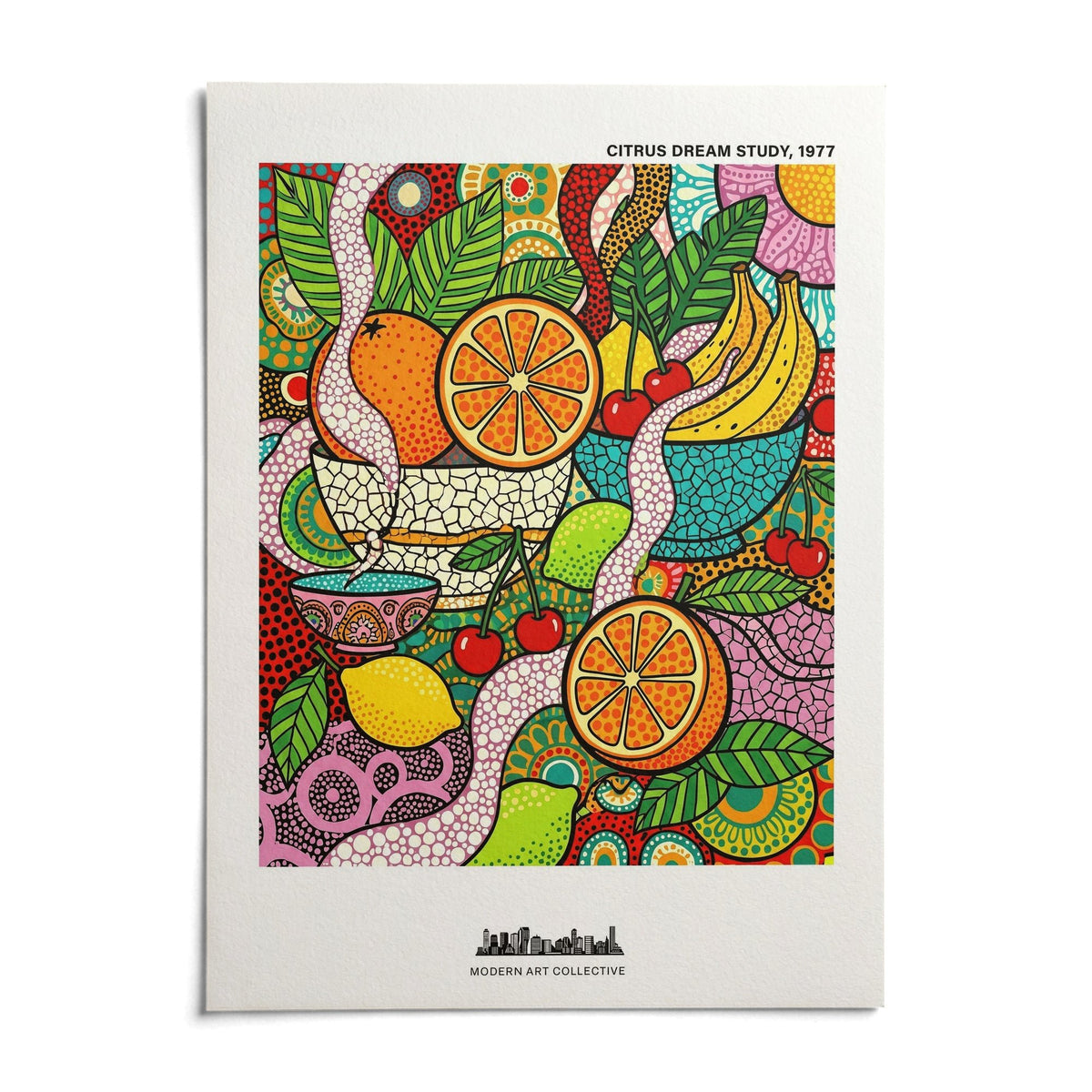 Colorful Fruit Art Print, shown as an unframed paper print on a plain white background