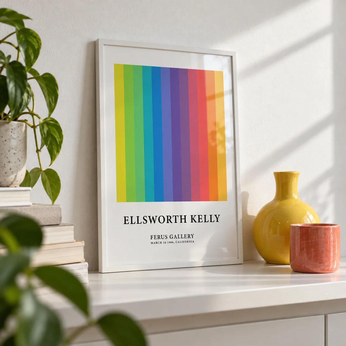 Colorful Gallery Wall Art, a small A4 framed print leaning on a white shelf in a living room