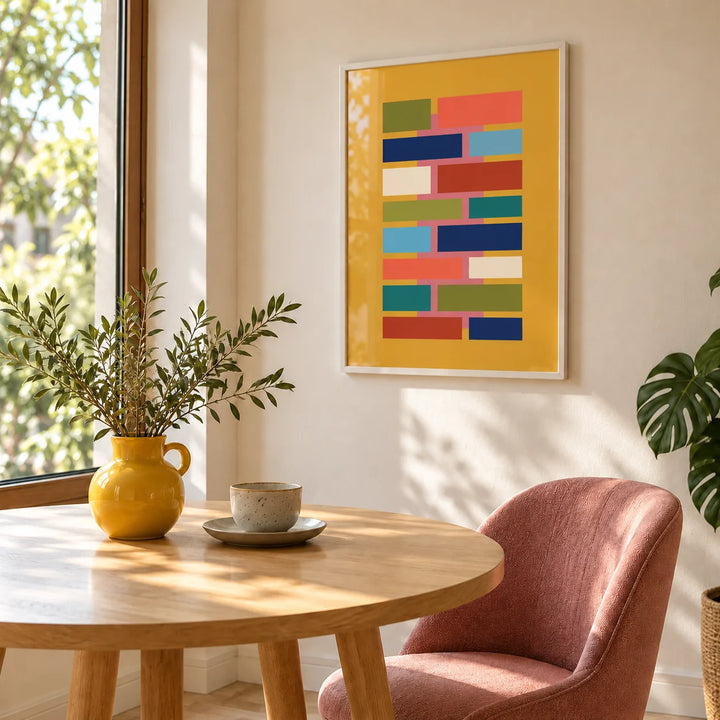 Colorful Geometric Art, framed on the wall of a bright breakfast nook in a kitchen