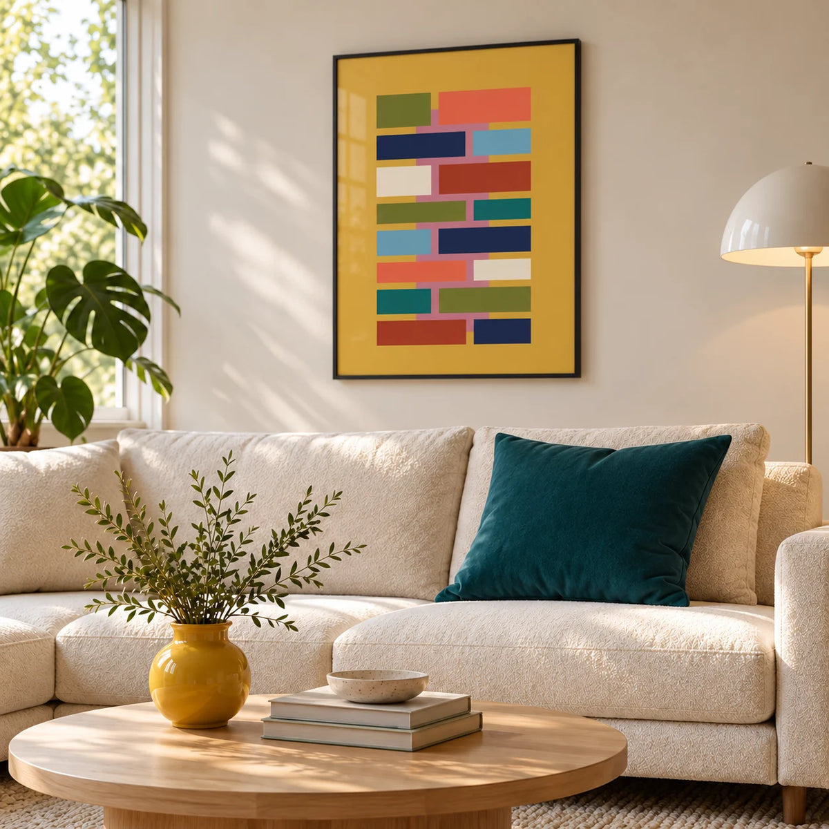 Colorful Geometric Art, framed on the wall of a calm cream sofa lounge with one teal cushion