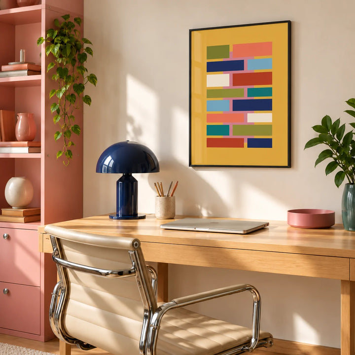 Colorful Geometric Art, framed on the wall of a creative workspace with pale wood desk