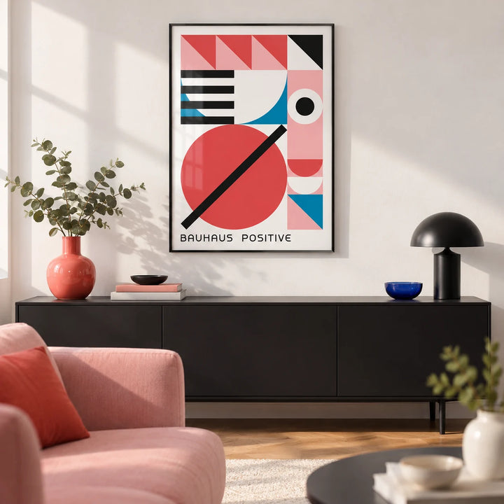 Colorful Geometric Art, framed on the wall of a design-led city flat living room with a white wall