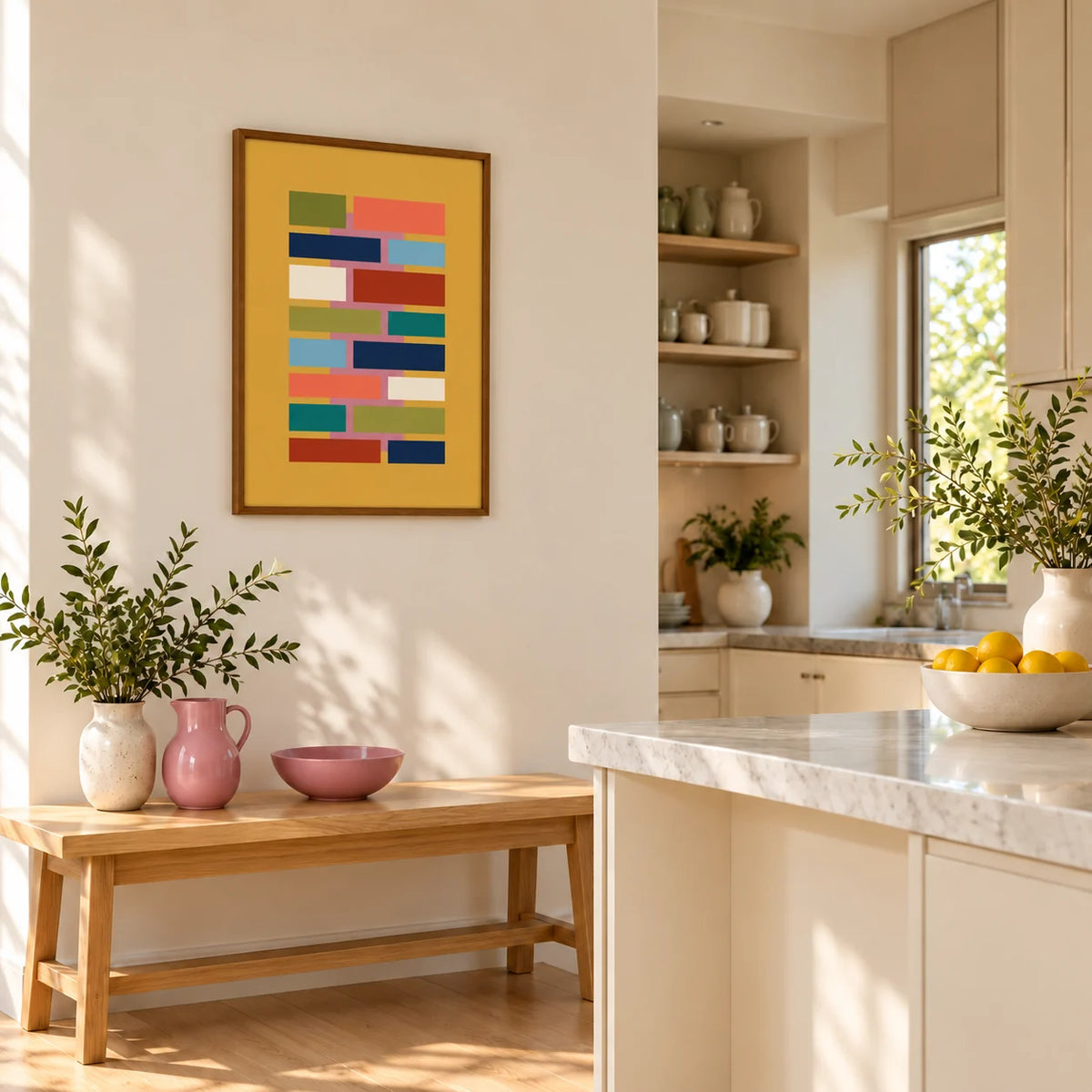 Colorful Geometric Art, framed on the wall of a light modern kitchen dining area