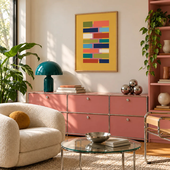 Colorful Geometric Art, framed on the wall of a retro lounge with dusty pink modular storage