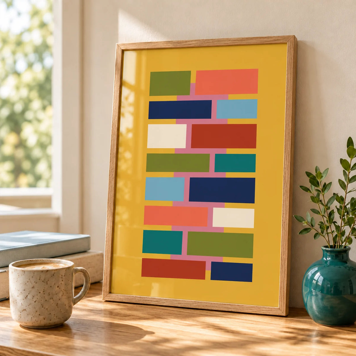 Colorful Geometric Art, a small A4 framed print leaning on an oak sideboard in a living room
