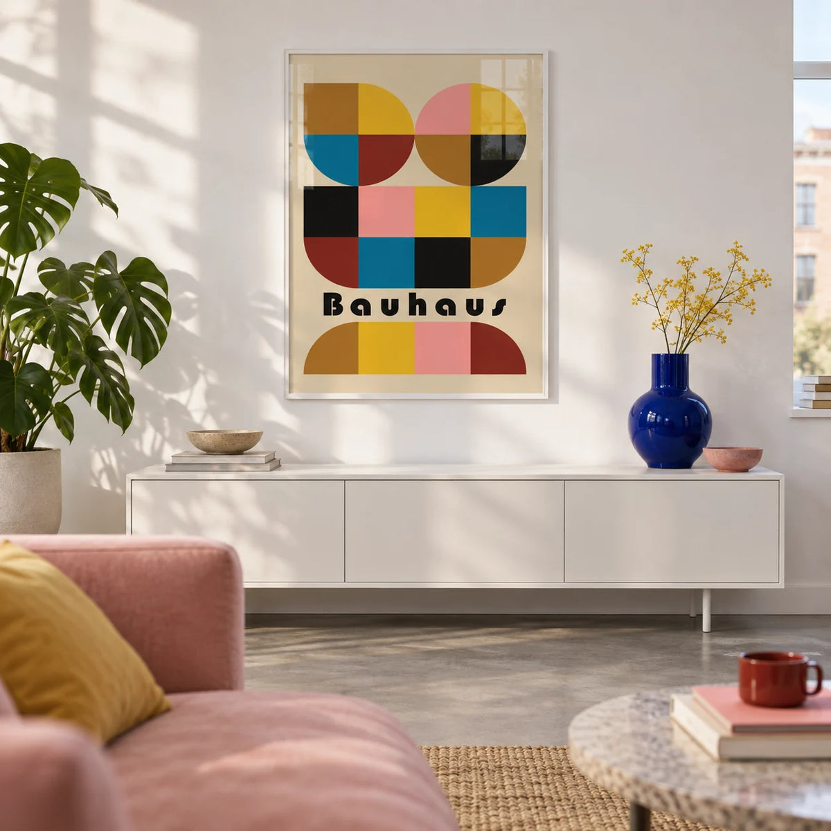 Colorful Geometric Wall Art, framed on the wall of a bright city flat living room with a white wall and a polished concrete floor