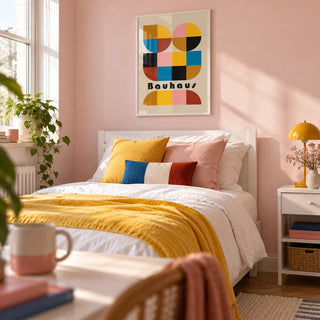Colorful Geometric Wall Art, framed on the wall of a bright young lady's bedroom (18-25) with a pale pink wall