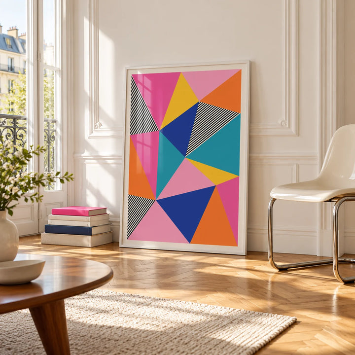 Colorful Geometric Wall Art, framed on the wall of a bright