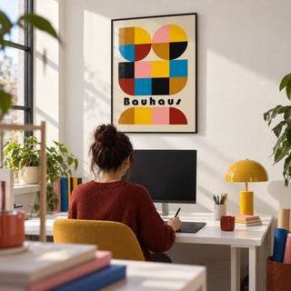 Colorful Geometric Wall Art, framed on the wall of a graphic design studio with a white wall in a home office