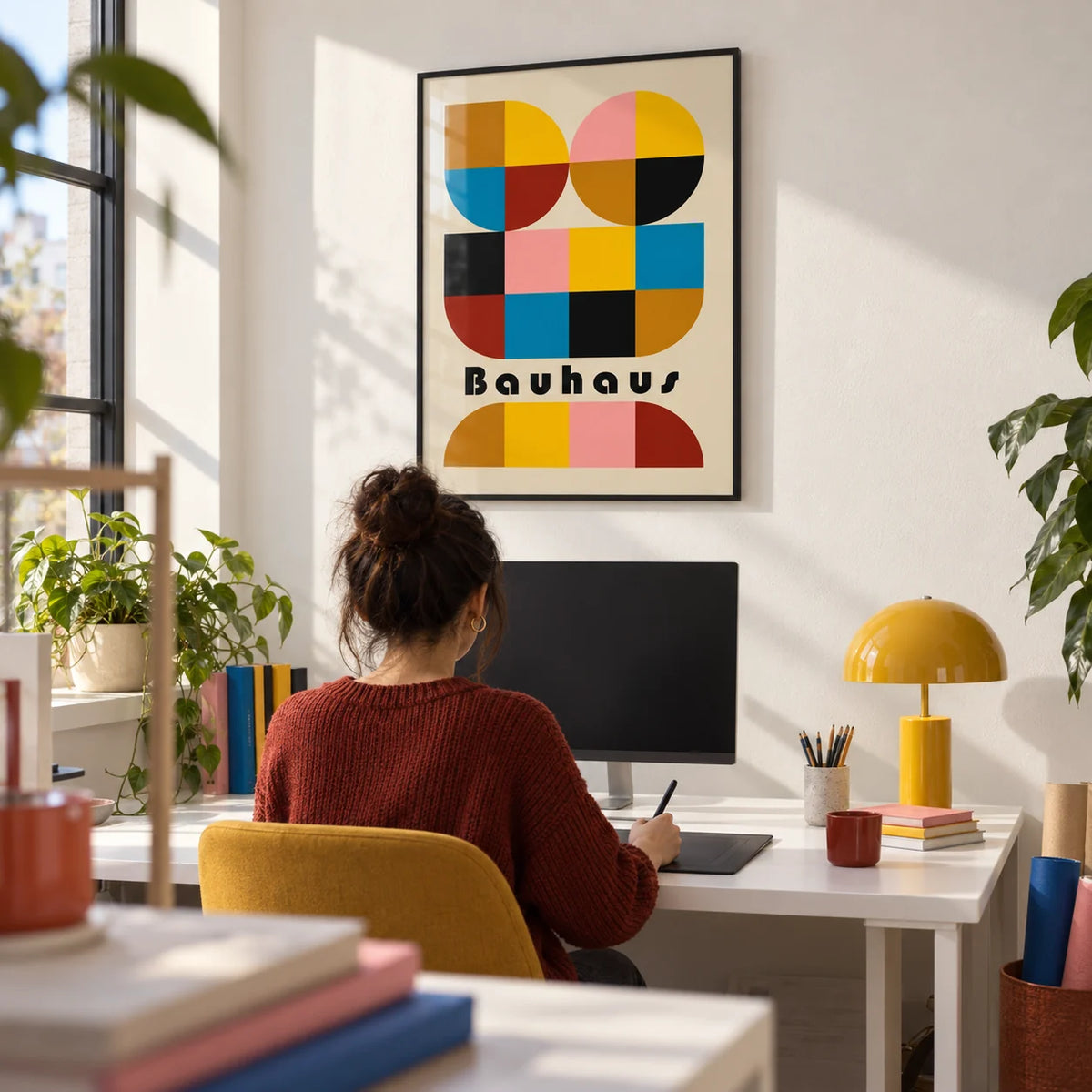 Colorful Geometric Wall Art, framed on the wall of a graphic design studio with a white wall in a home office