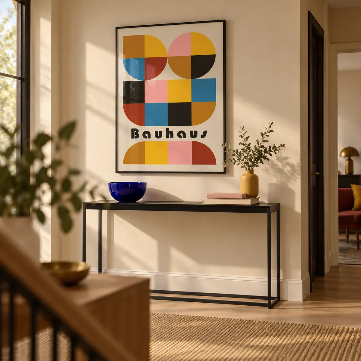 Colorful Geometric Wall Art, framed on the wall of a modern hallway with a warm beige wall