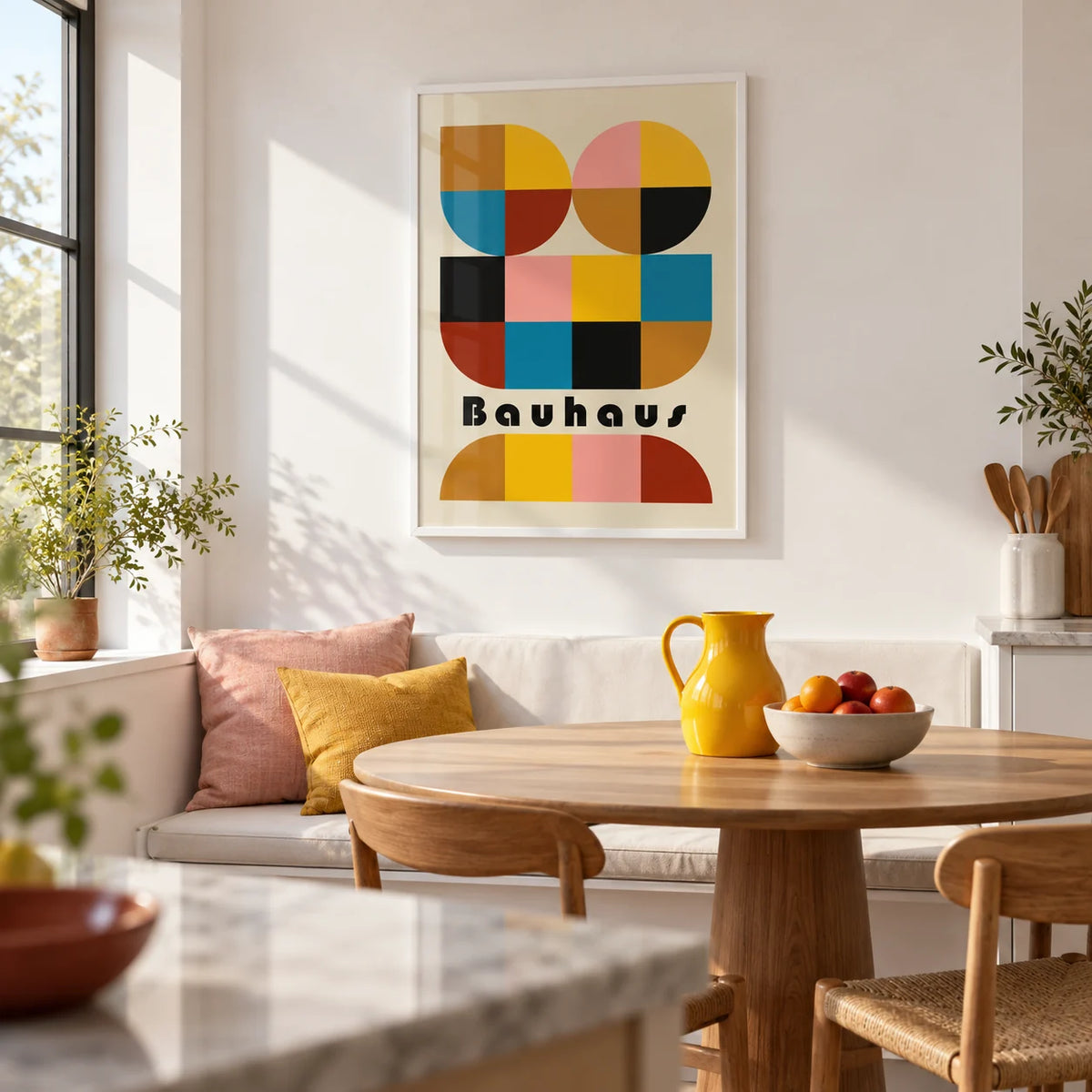 Colorful Geometric Wall Art, framed on the wall of a modern kitchen-diner with a white wall