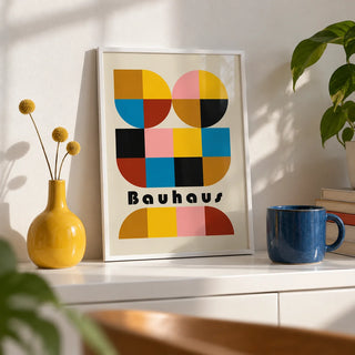 Colorful Geometric Wall Art, a small A4 framed print leaning on a white shelf in a living room
