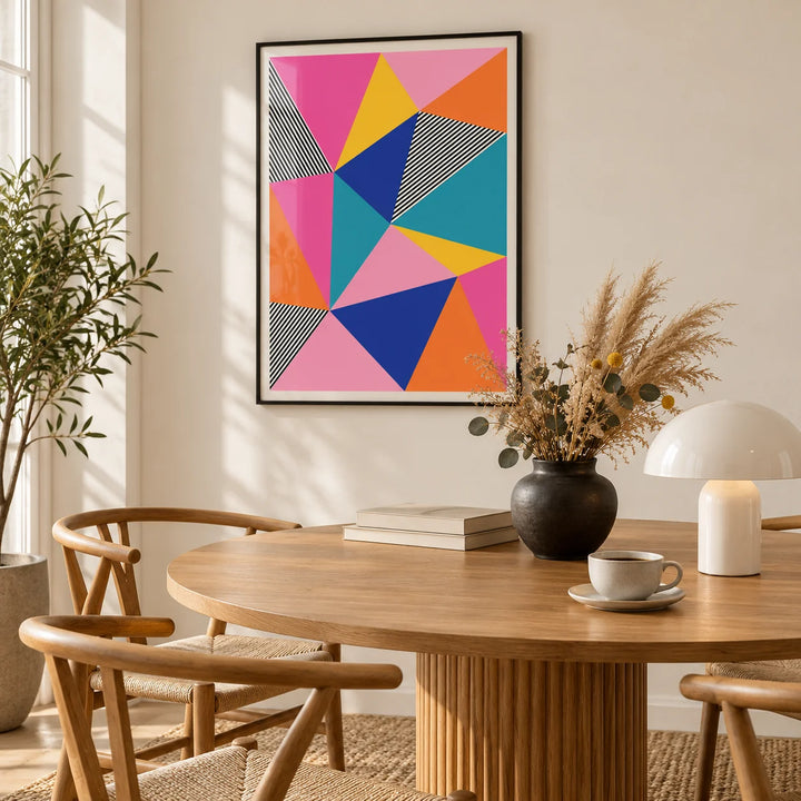Colorful Geometric Wall Art, framed on the wall of a warm in a dining room