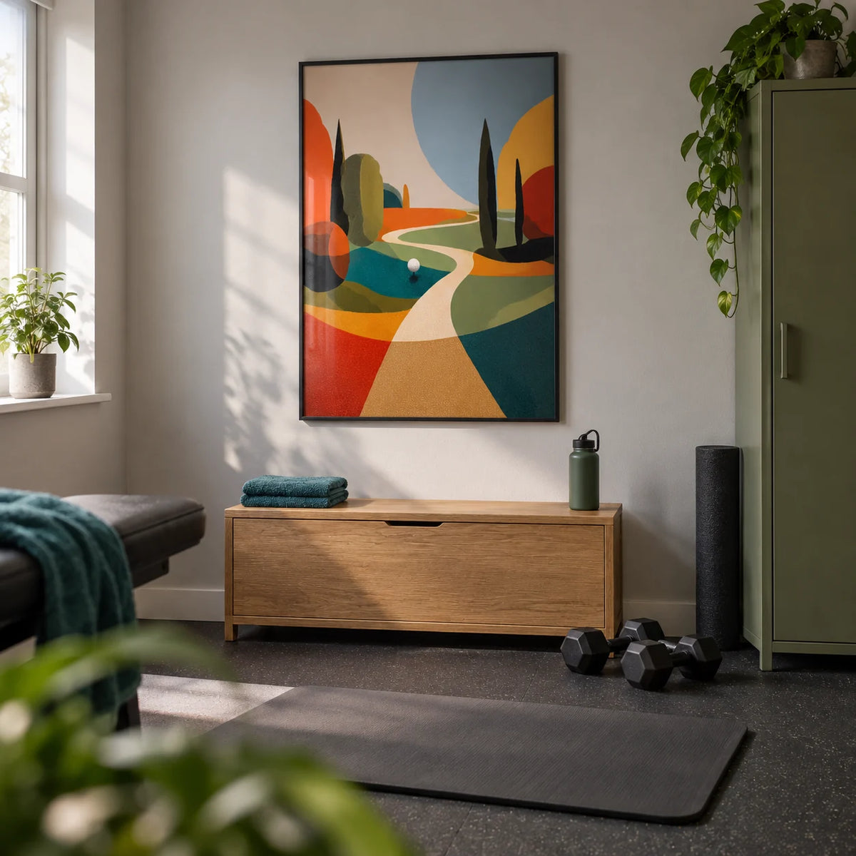 Colorful Golfing Wall Art, framed on the wall of a compact home gym in a converted UK spare room with a pale grey wall and plain rubber flooring
