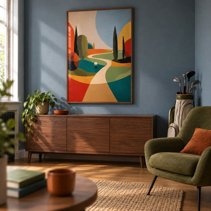 Colorful Golfing Wall Art, framed on the wall of a contemporary snug for a golf enthusiast in a UK terraced house with a muted-blue wall and oak flooring in a living room