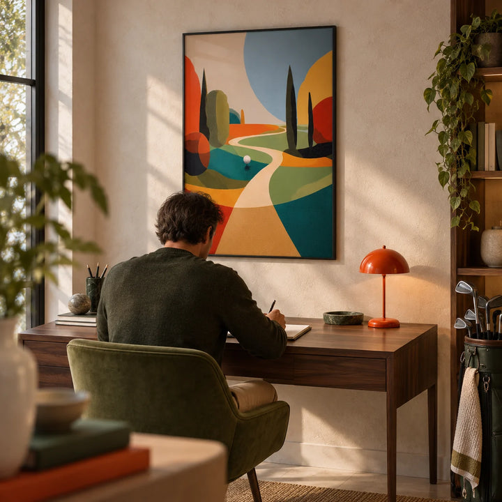 Colorful Golfing Wall Art, framed on the wall of a design-led home study for a golf enthusiast (28-50) with a pale stone wall