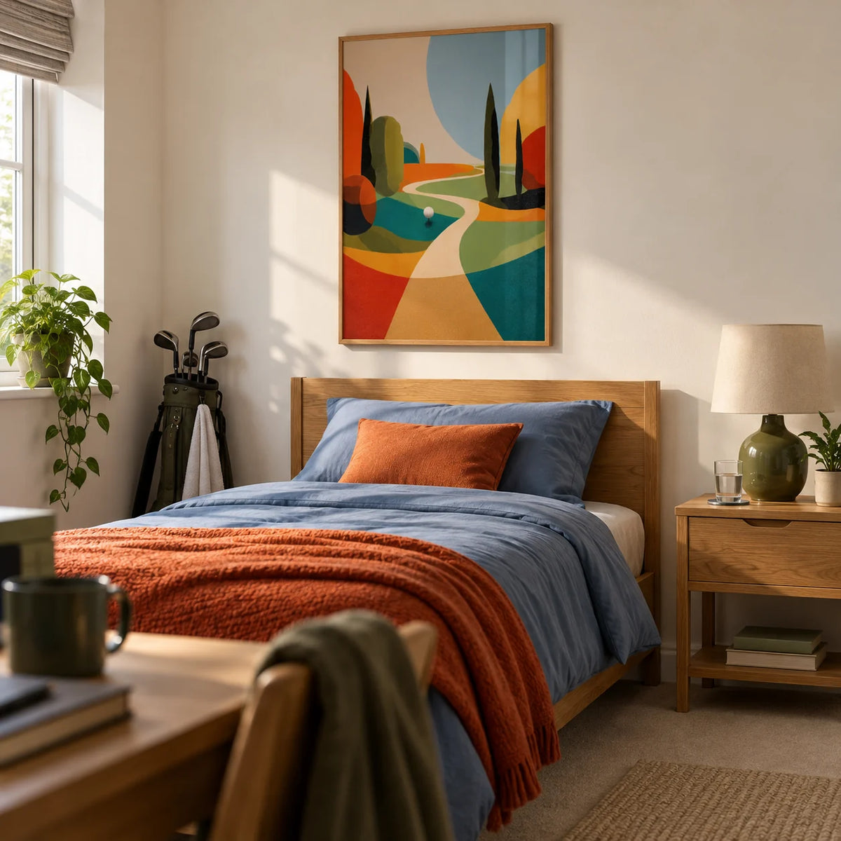 Colorful Golfing Wall Art, framed on the wall of a modern single bedroom for a young adult golf enthusiast (18-25) in a UK family home