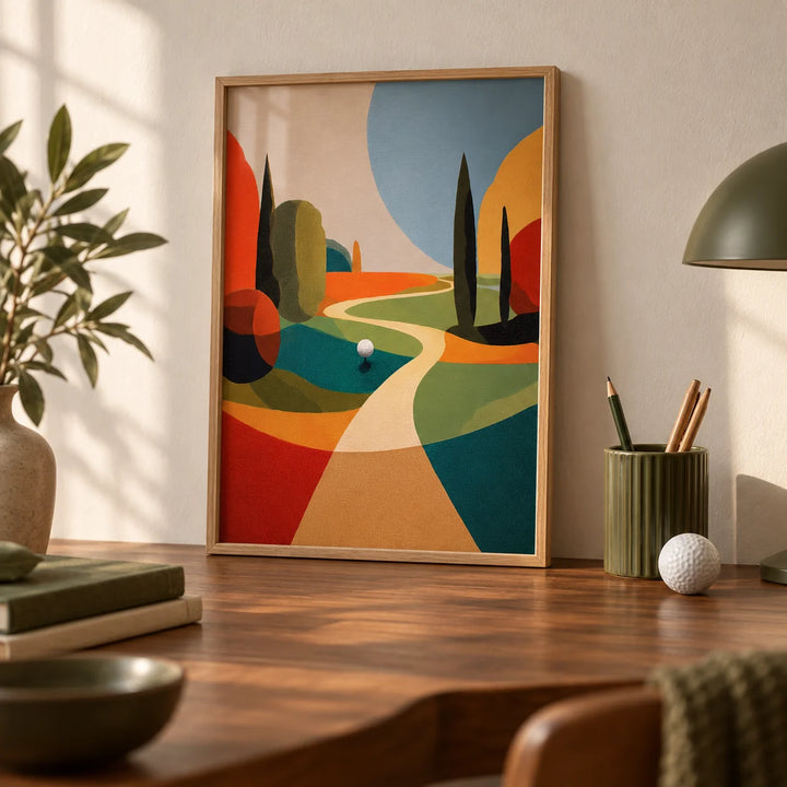 Colorful Golfing Wall Art, a small A4 framed print leaning on a walnut desk