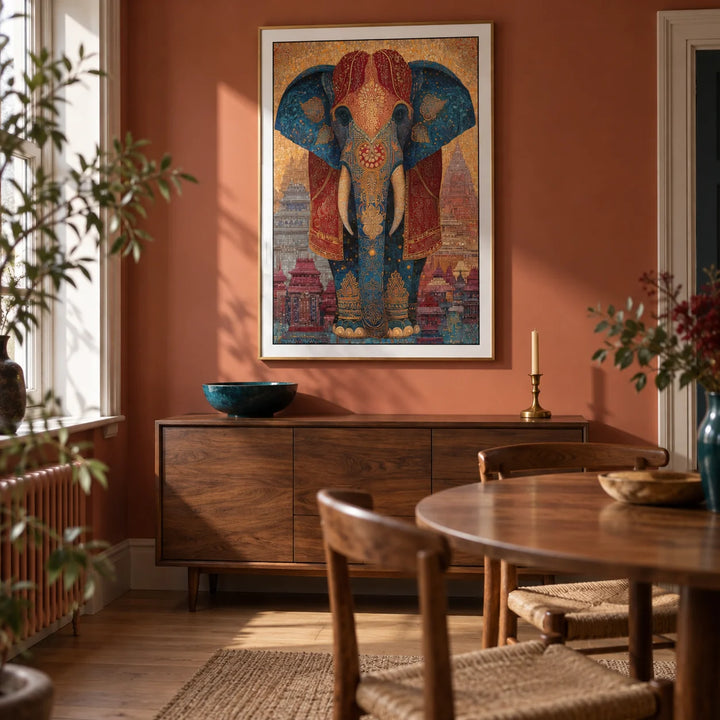 Colorful Indian Art Print, framed on the wall of a characterful dining room in a renovated UK terrace with a muted terracotta wall and simple timber floor