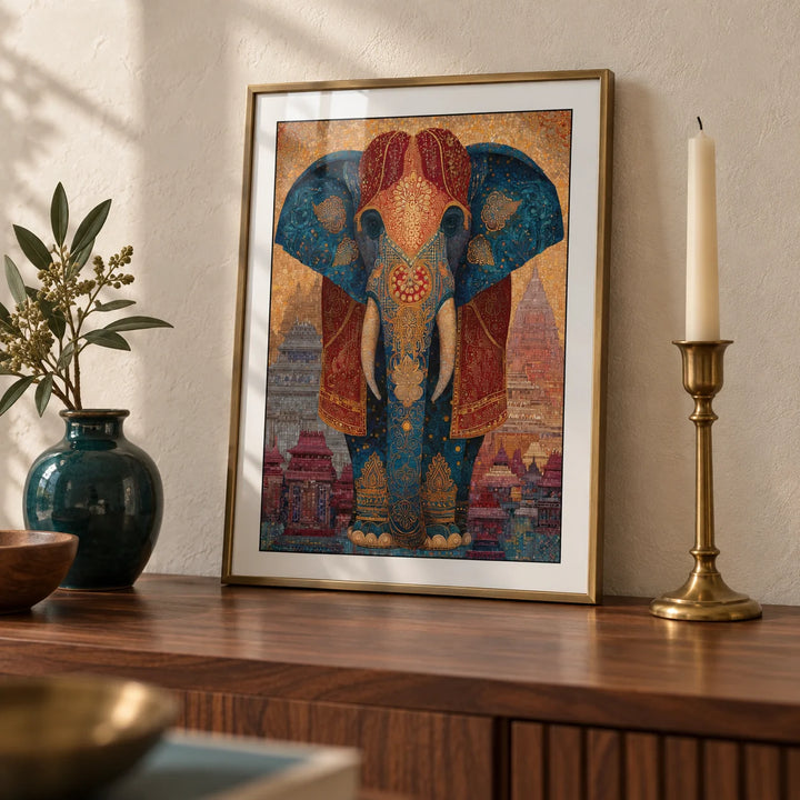 Colorful Indian Art Print, a small A4 framed print leaning on a walnut side table in a hallway
