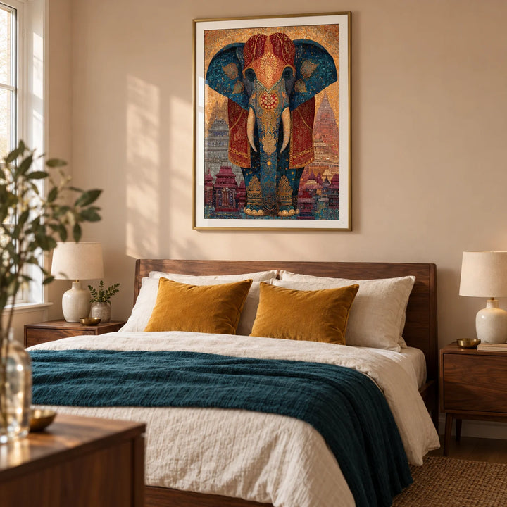 Colorful Indian Art Print, framed on the wall of a warm contemporary bedroom in a UK flat with a pale clay wall