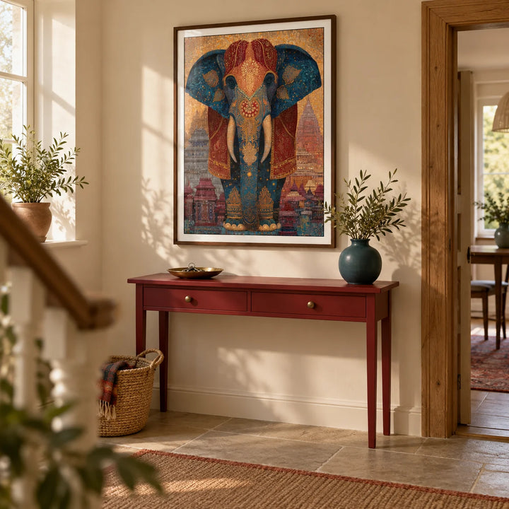 Colorful Indian Art Print, framed on the wall of a welcoming hallway in a UK family home with warm cream walls and a plain stone floor