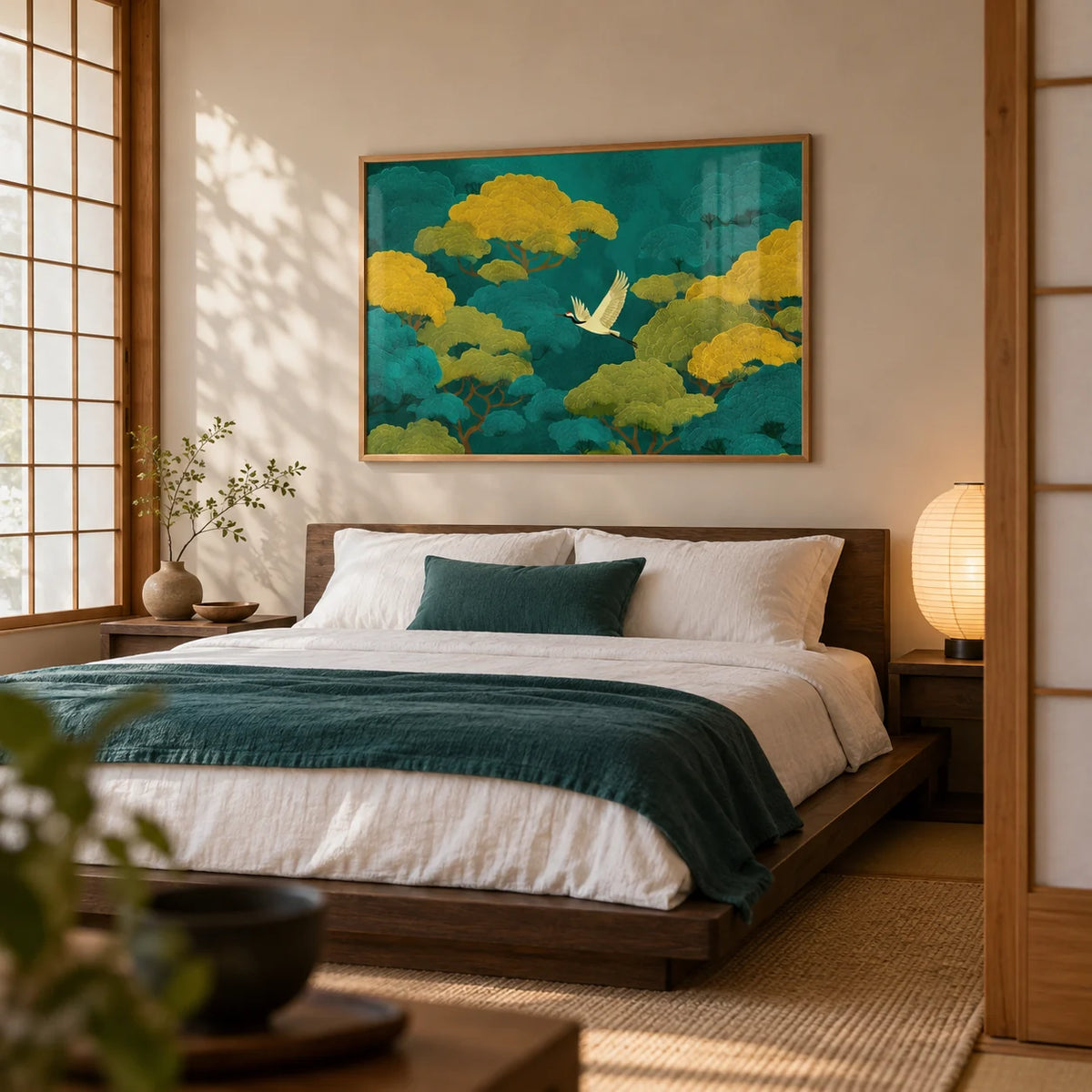 Colorful Japanese Nature Art, framed on the wall of a calm Japanese-style bedroom with paper screen doors