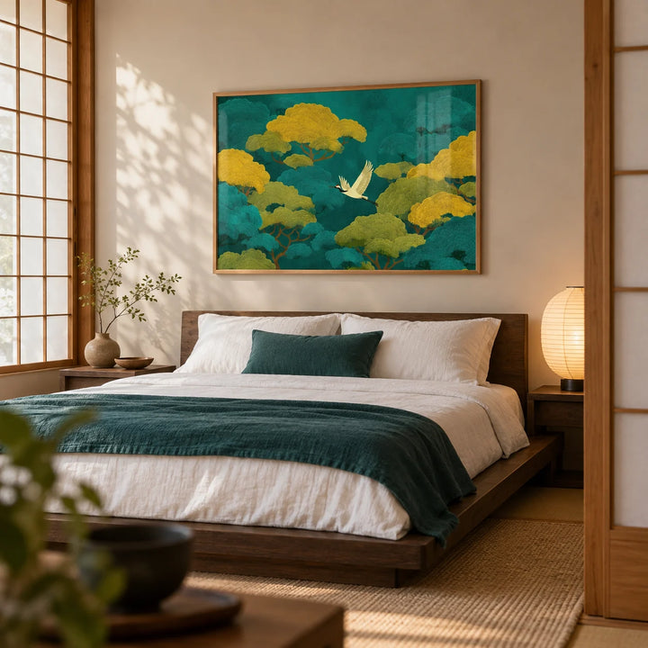 Colorful Japanese Nature Art, framed on the wall of a calm Japanese-style bedroom with paper screen doors