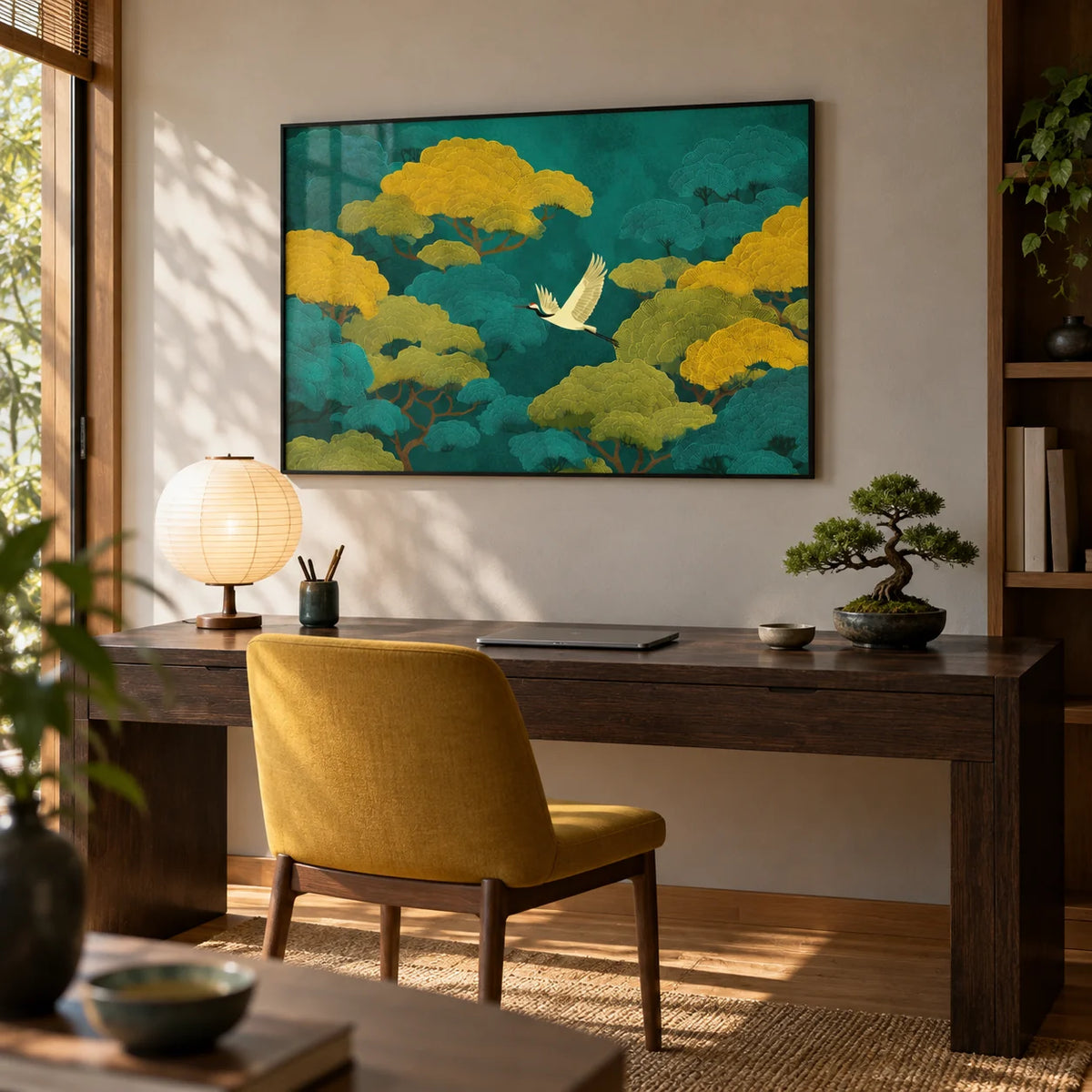 Colorful Japanese Nature Art, framed on the wall of a Japanese-modern study