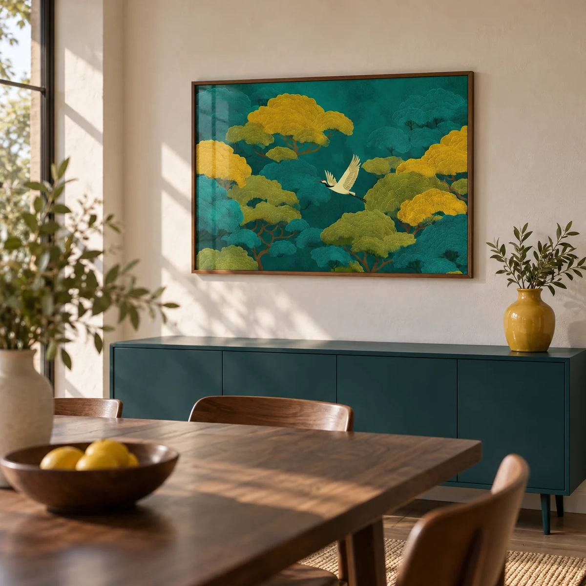 Colorful Japanese Nature Art, framed on the wall of a modern dining room