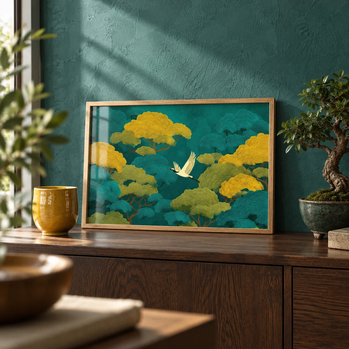 Colorful Japanese Nature Art, a small A4 framed print leaning on a dark oak sideboard in a living room
