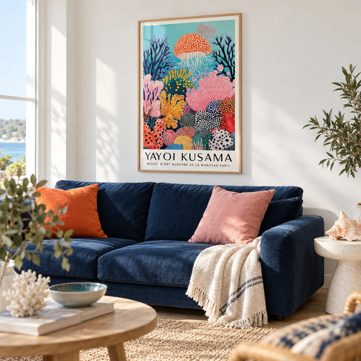 Colorful Jellyfish Wall Art, framed on the wall of a bright coastal living room with a white wall and a pale oak floor