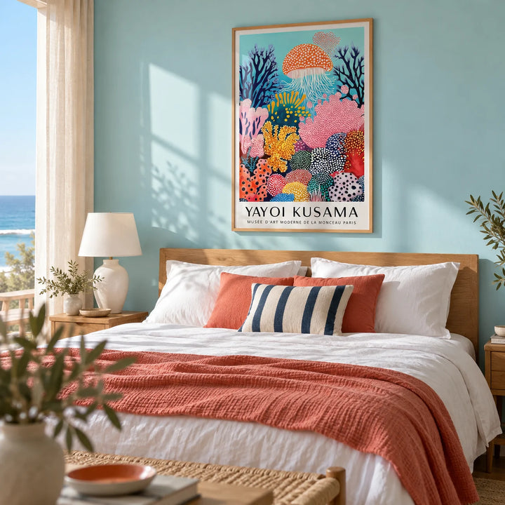 Colorful Jellyfish Wall Art, framed on the wall of a bright seaside bedroom with a pale turquoise wall