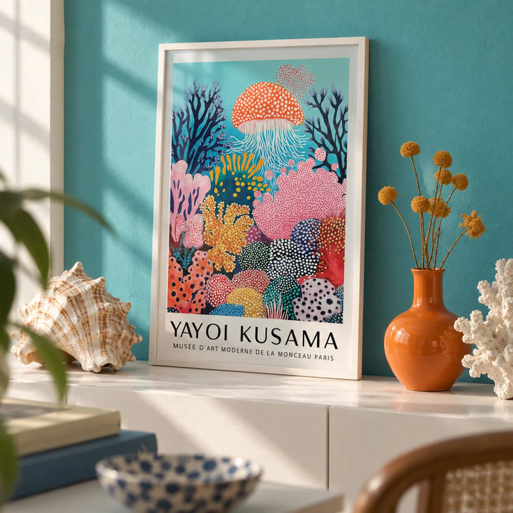 Colorful Jellyfish Wall Art, a small A4 framed print leaning on a white shelf in a living room