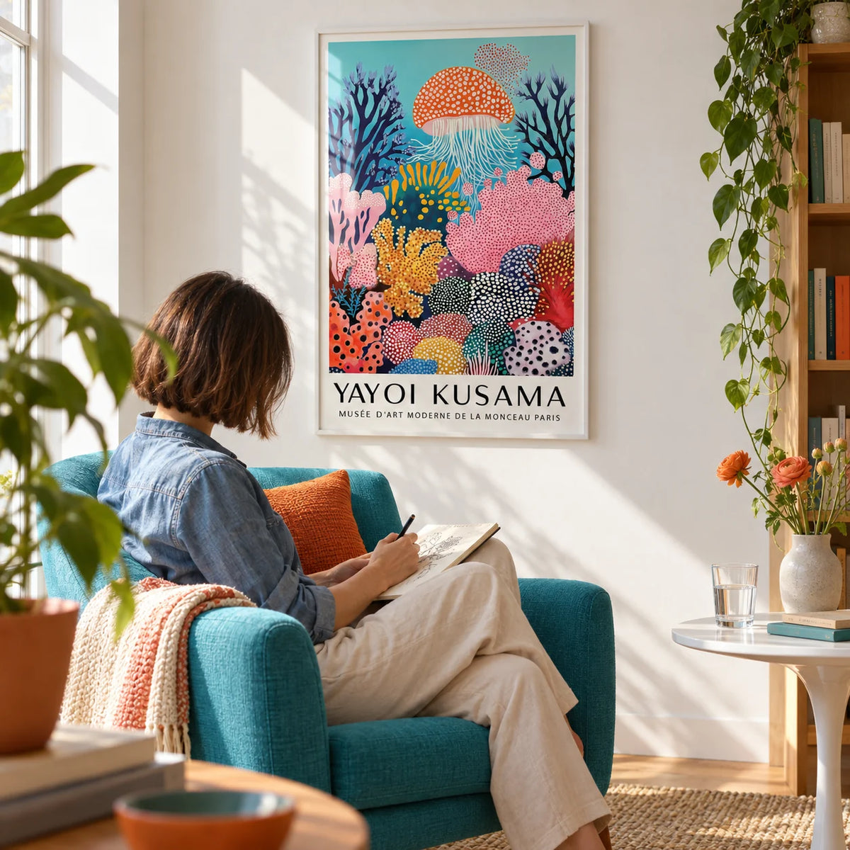 Colorful Jellyfish Wall Art, framed on the wall of a sunny reading corner with a white wall in a living room