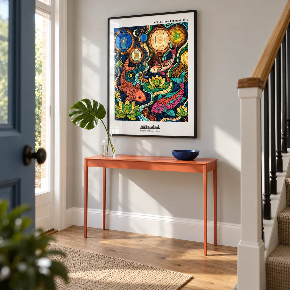 Colorful Koi Fish Poster, framed on the wall of a bright entrance hallway in a renovated UK terrace with a pale grey wall