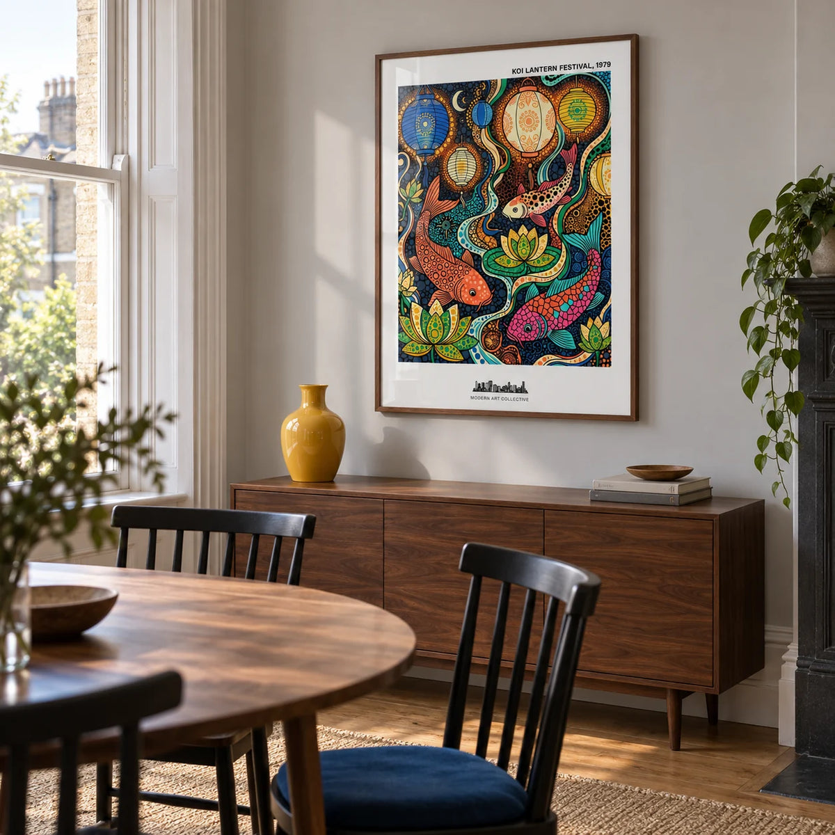 Colorful Koi Fish Poster, framed on the wall of a contemporary dining room in a Victorian terrace with a pale grey wall and tall sash window