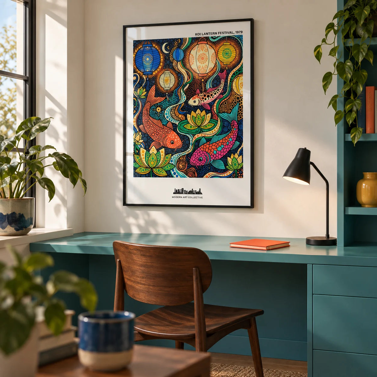 Colorful Koi Fish Poster, framed on the wall of a design-led home study with a soft white wall and a built-in turquoise desk