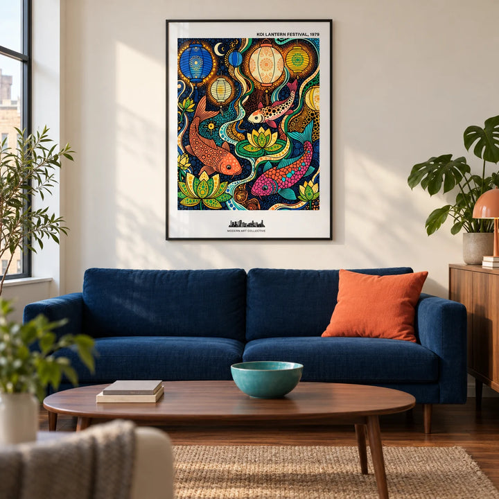 Colorful Koi Fish Poster, framed on the wall of a modern living room in a UK city flat with warm white walls