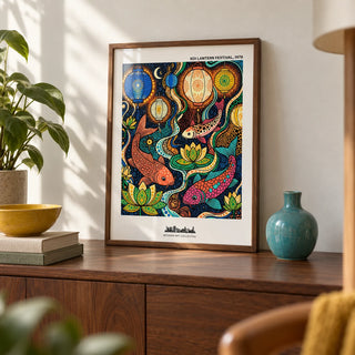 Colorful Koi Fish Poster, a small A4 framed print leaning on a walnut sideboard in a living room