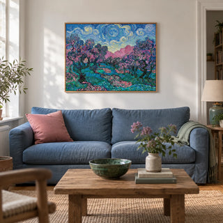 Colorful Landscape Art, framed on the wall of a characterful living room in a UK terraced home with chalk-white walls and oak floorboards