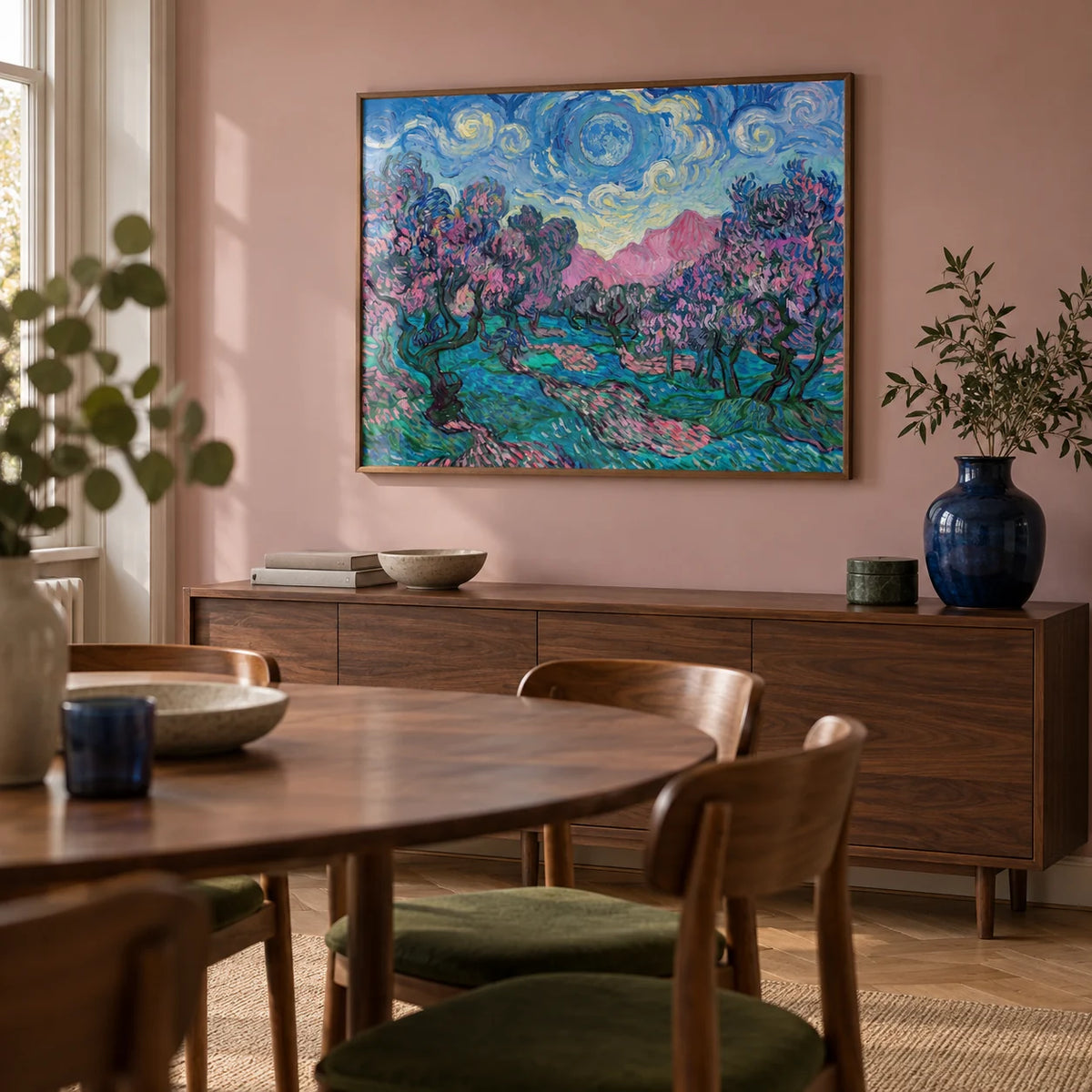 Colorful Landscape Art, framed on the wall of a contemporary dining room in a UK flat with a pale dusty pink wall