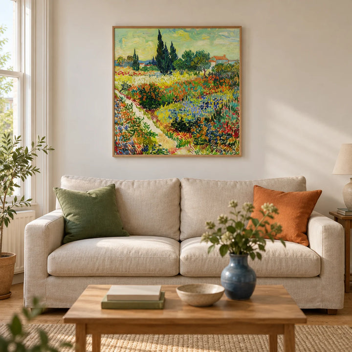 Colorful Landscape Art Print, framed on the wall of a bright living room in a UK Victorian terrace with warm white plaster walls and stripped pine floorboards